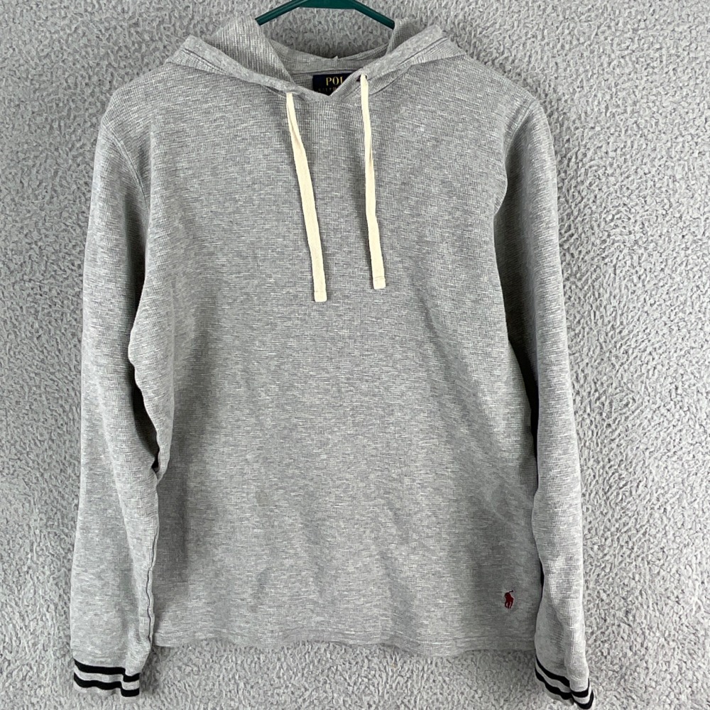 Polo Ralph Lauren Hoodie Mens M Gray Excellent Waffle Knit Striped Cuff‎ Thermal